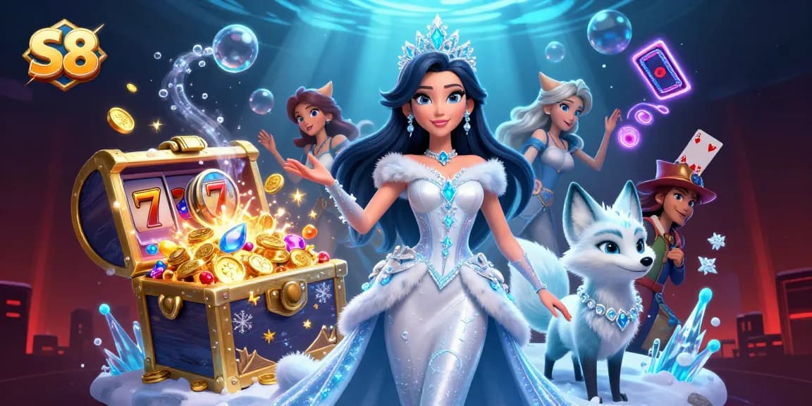S8 reels spin to jackpot wins amid an enchanting winter casino scene with an ice queen and her fox.