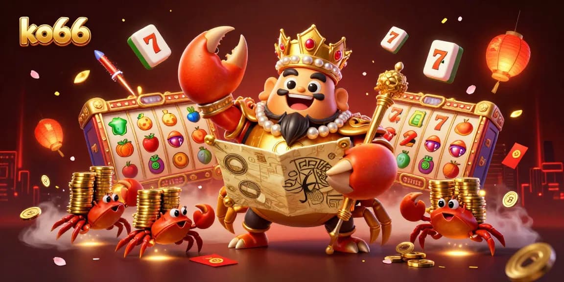 Engage with ko66's vibrant casino world featuring a golden crab emperor, lively slot reels, and festive decorations.