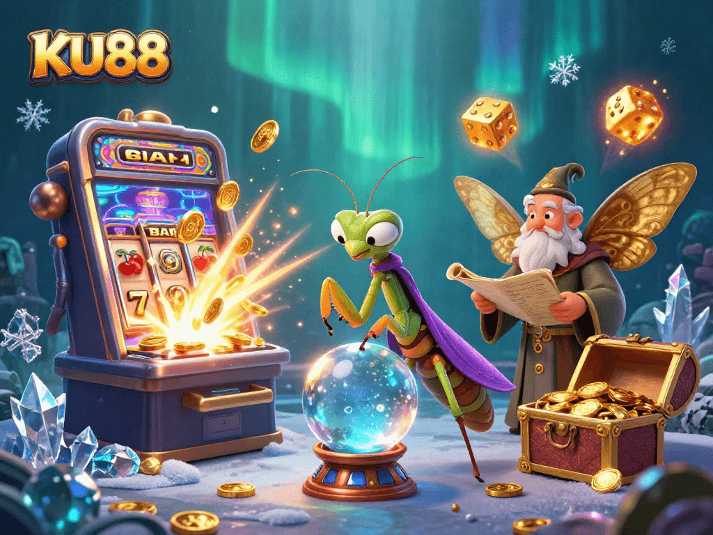 Experience the excitement of KU88 with jackpot slots, vibrant games and engaging characters in a colorful casino scene.