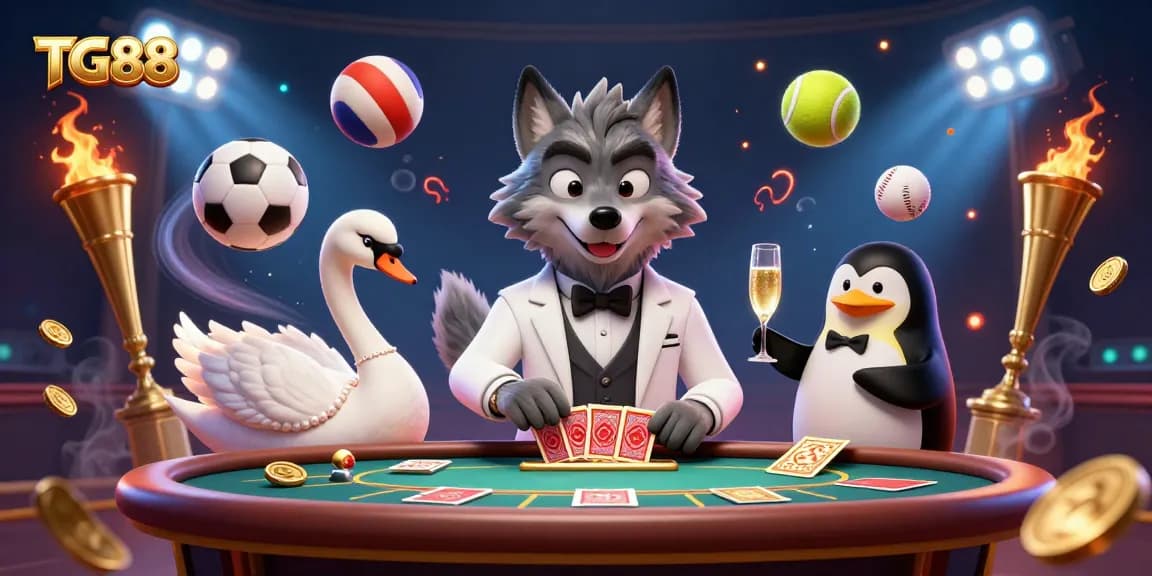 Experience the excitement of TG88 with a lively scene featuring a debonair wolf at a baccarat table and vibrant casino elements.