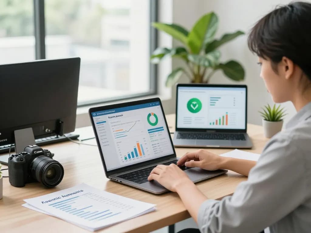 Agentic payments for small businesses showcased in a modern office with eco-friendly elements and data analytics.