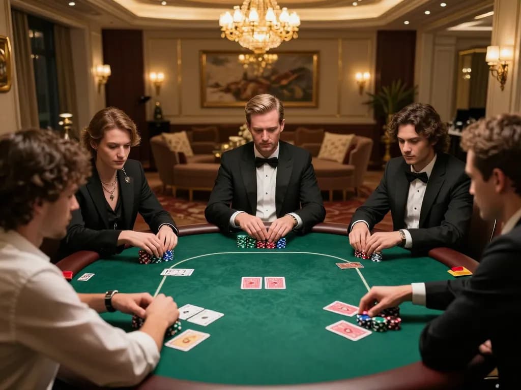 Engaged players at a high-stakes poker game showcasing tỷ lệ nhà cái in an upscale environment.