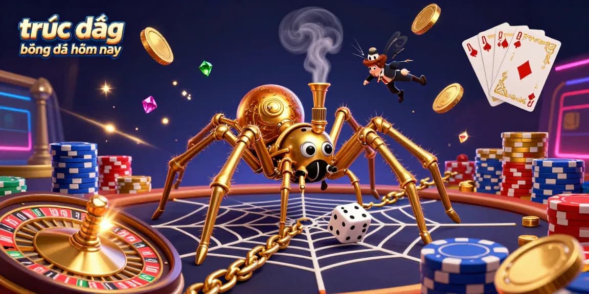 Engage with trực tiếp bóng đá hôm nay through an intriguing illustration of a golden spider and amusing characters amidst a lively gambling scene.