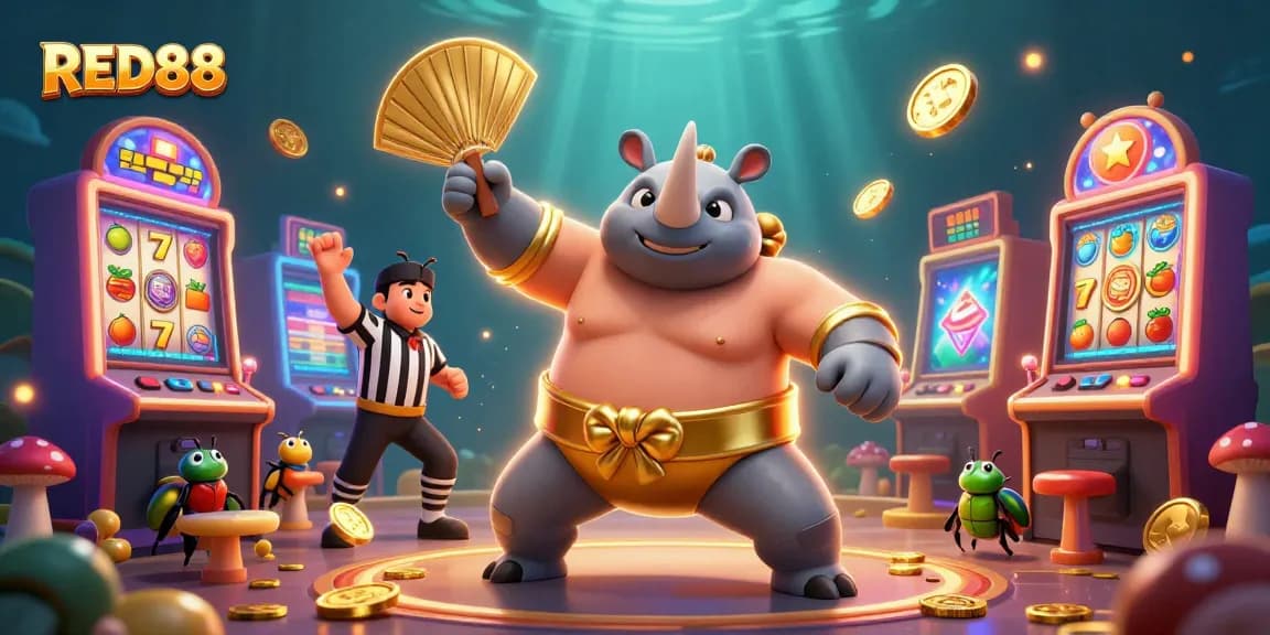Engage in thrilling gameplay with RED88 as a powerful beetle champion stomps golden coins from colorful slot machines.