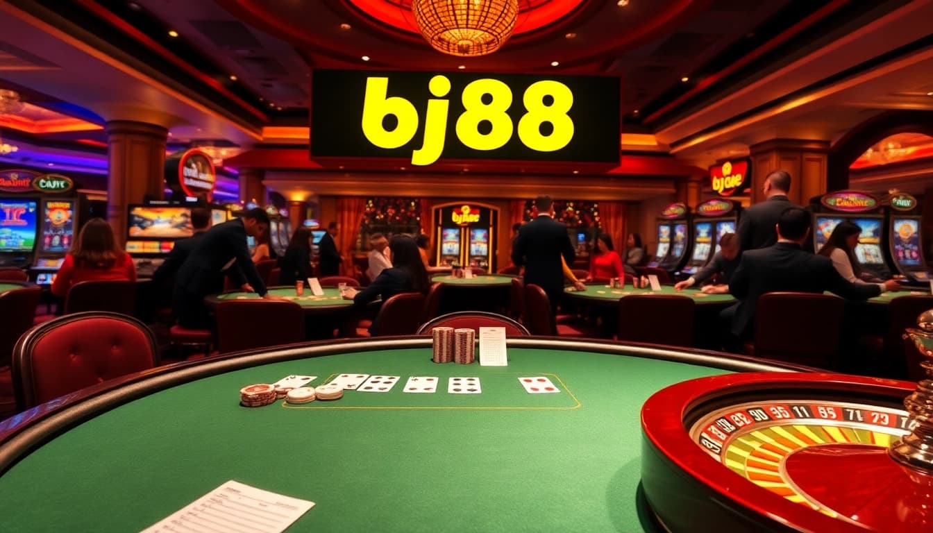 Experience the excitement of bj88 at a luxurious casino table with blackjack and vibrant slot machines.