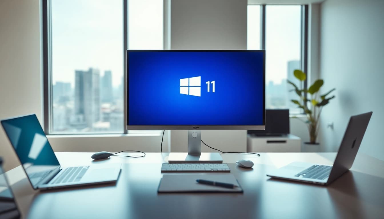 Optimized Windows 11 Systemsoftware für Unternehmen on a modern IT workspace screen.
