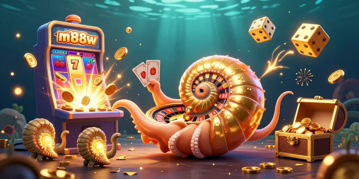 Engage in winning gameplay at ml88w with a vibrant 3D casino-themed illustration featuring a giant nautilus and slot machines.
