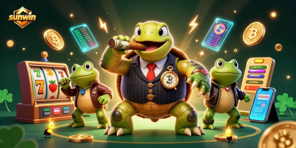 Engage in exciting gameplay at Sunwin: massive turtle mobster and bullfrog enforcers in a vibrant casino scene.