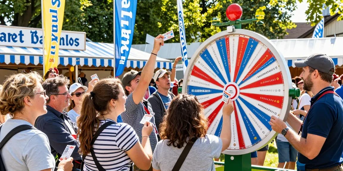 Bayernlos zweite Chance wie lange bleibt das Los in der Trommel, Teilnehmer beim Gewinnspiel um das Glücksrad auf einem bayerischen Festival, eine lebendige Atmosphäre mit Freude und Hoffnung.