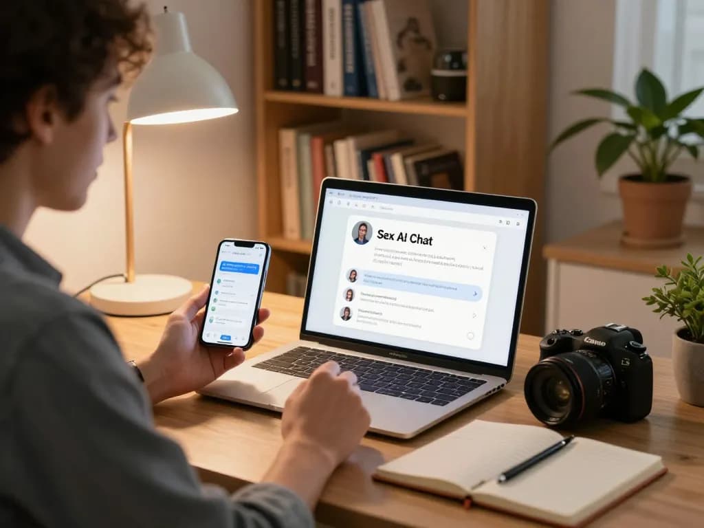 Engaging in a sex AI chat on a laptop in a cozy home office setting.