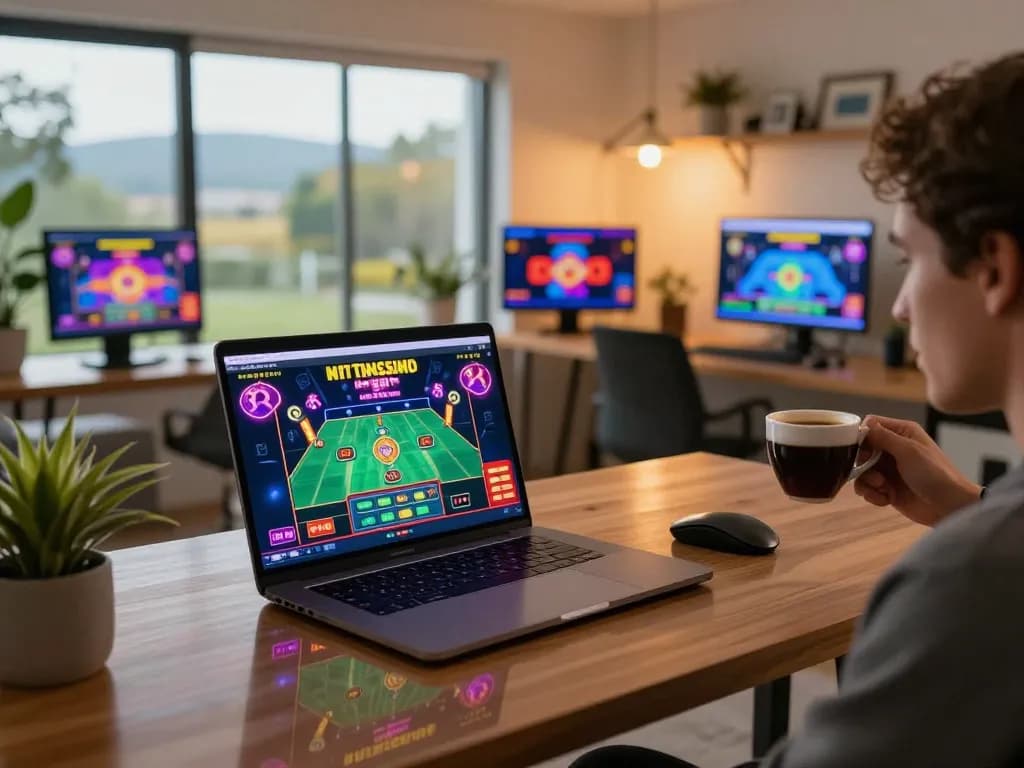Player engaging with a live dealer game on alo8's online platform in a cozy home office.