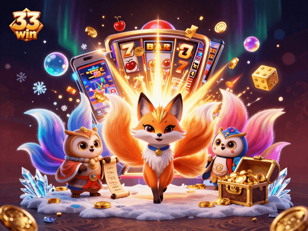 33 win promotional illustration featuring a vibrant nine-tailed fox spirit and dynamic casino elements.