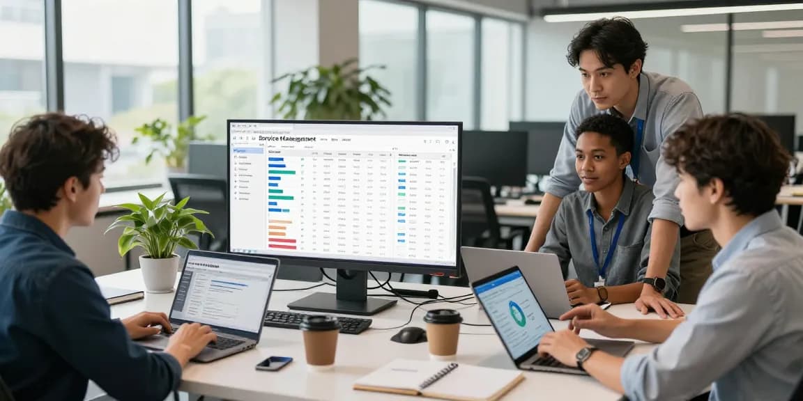 Efficient field service software with scheduling and payments displayed in a modern workspace, showcasing teamwork and productivity.
