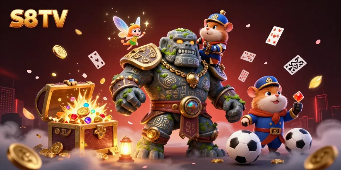 S8 TV offers thrilling sports betting action with an engaging animated scene of a golem and a hamster knight.
