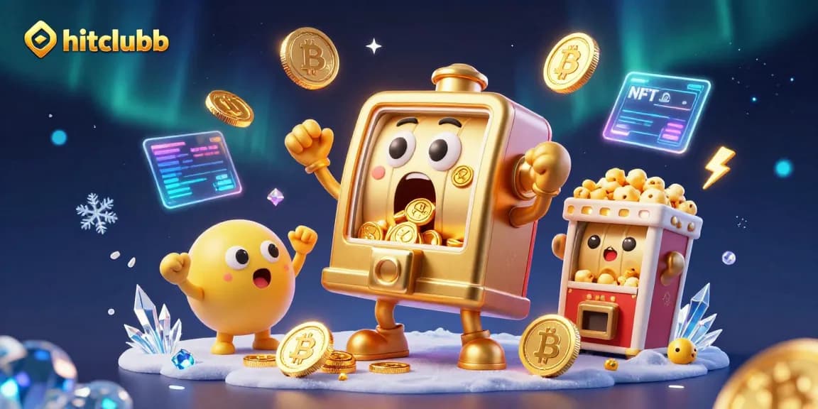 Hitclubb's golden slot machine hits the jackpot, surrounded by crypto symbols and festive cheer.