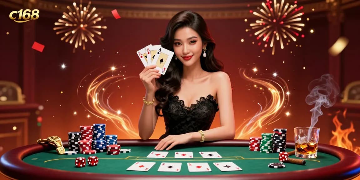 Engage in thrilling casino action at c168 with glamorous poker games, vibrant chips, and winning cards.