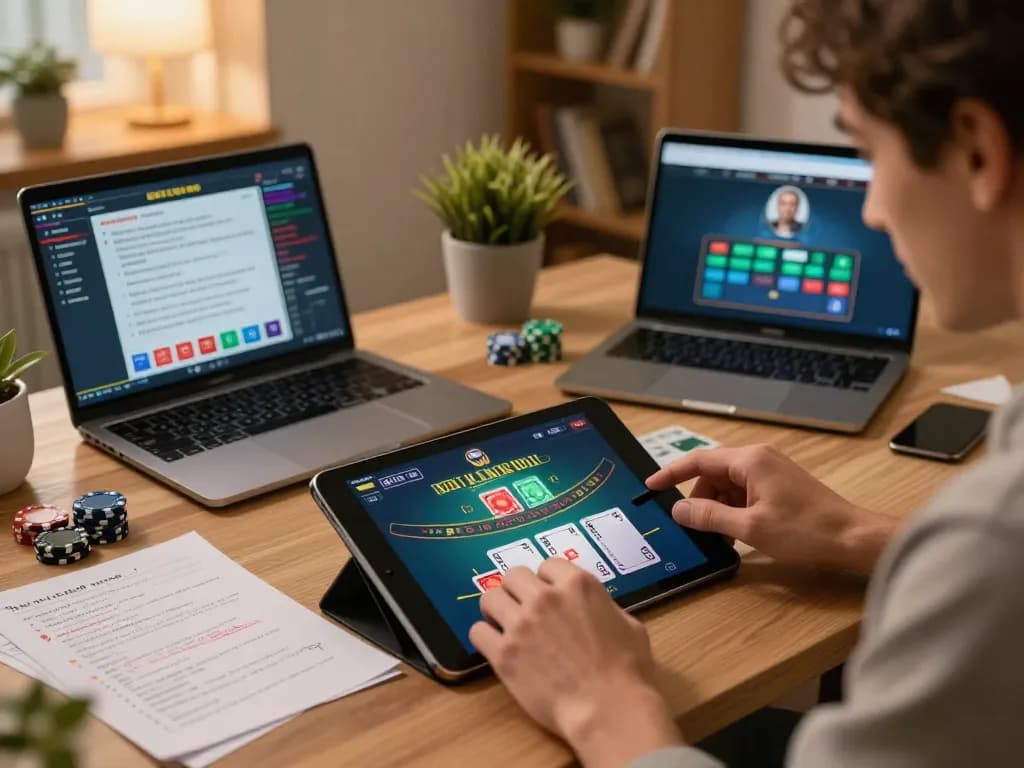 Engaging in a sun win blackjack session with strategy notes in a cozy home setting.