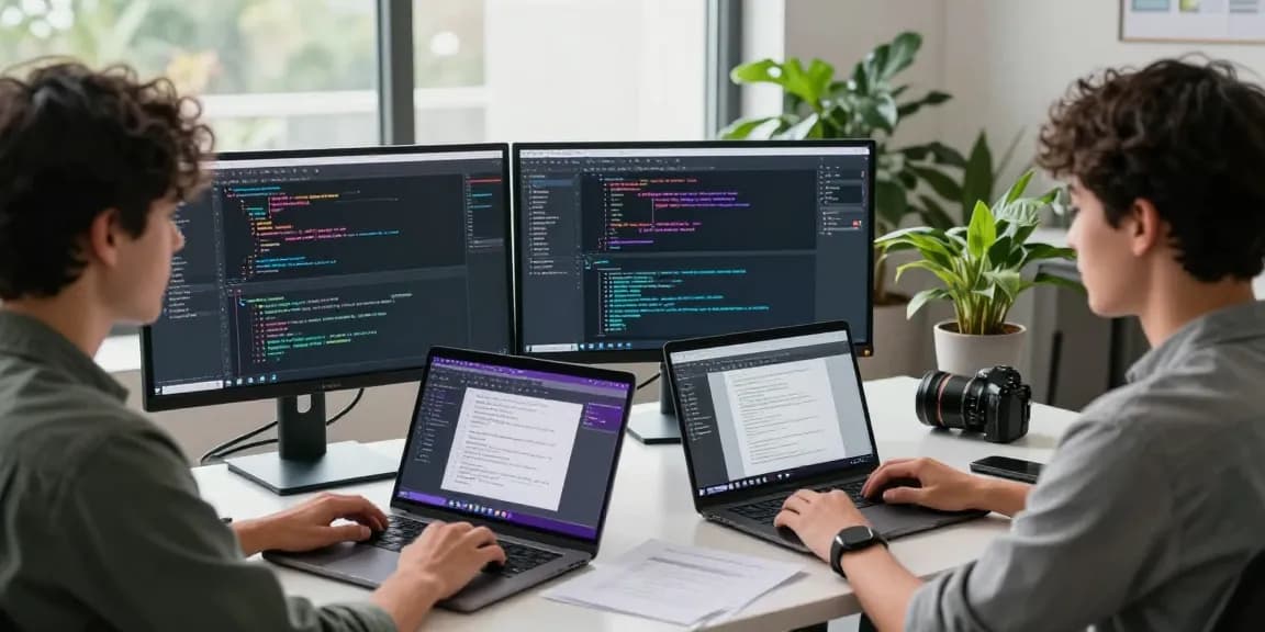 Effizientes Softwareentwicklungsteam mit hitpaw edimakor in modernem Büro, Fokus auf Code- und Design-Darstellungen.