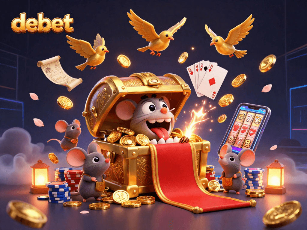 Win big at debet with a golden treasure chest and casino games illustration, showcasing enticing rewards.