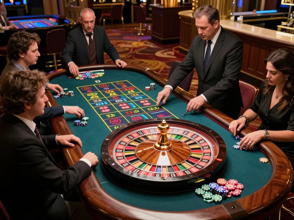 Players at a roulette table enjoying lively nohu gaming, placing bets with vibrant chips in an upscale casino.