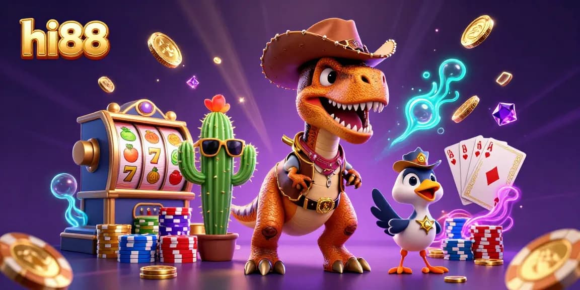 Engage with hi88 for thrilling casino adventures featuring a cowboy T-Rex, poker chips, and vibrant slot reels.