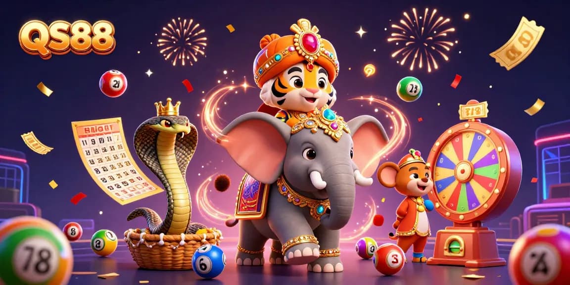 Experience the excitement of QS88 with vibrant lottery elements and a jewel-encrusted elephant in a lively casino scene.