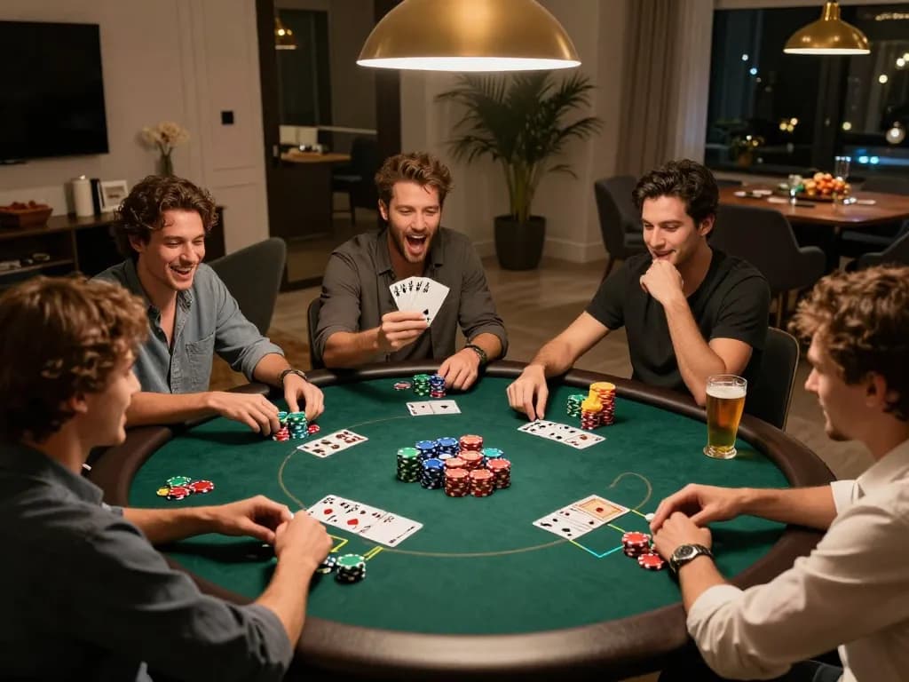 Friends enjoying a poker night with 789 club-themed gameplay atmosphere while celebrating wins.