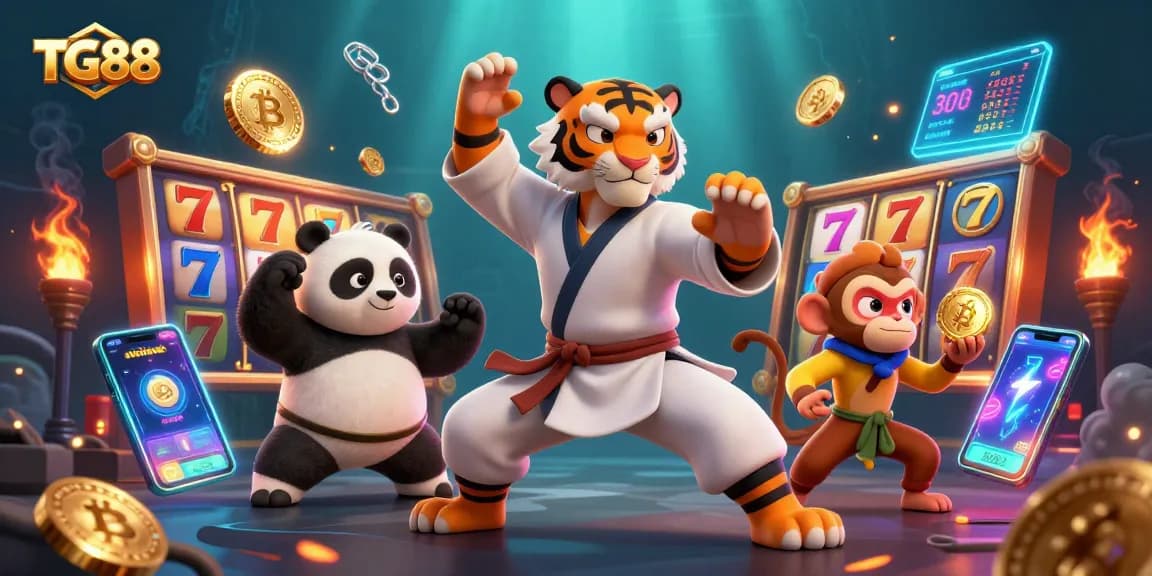 Play exciting casino games at TG88 while a kung fu tiger, panda, and monkey delight in winnings.