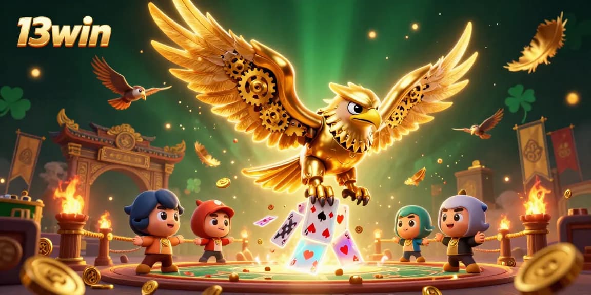 Experience thrilling gameplay with 13win as the cybernetic eagle triumphs over holographic cards in an exhilarating casino atmosphere.