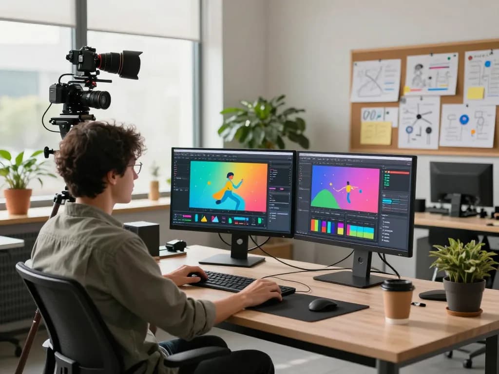 Professional designer utilizing motion AI technology for video animation in a bright studio.