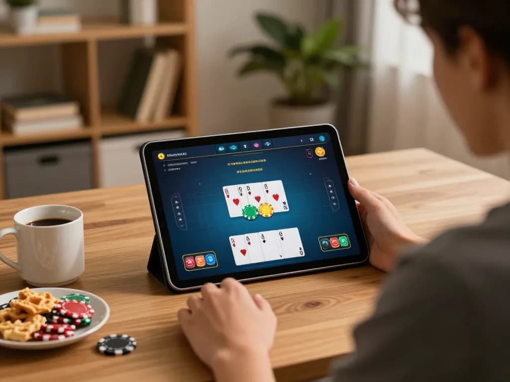 Engaging in online poker with 33win on a tablet in a cozy home setting.