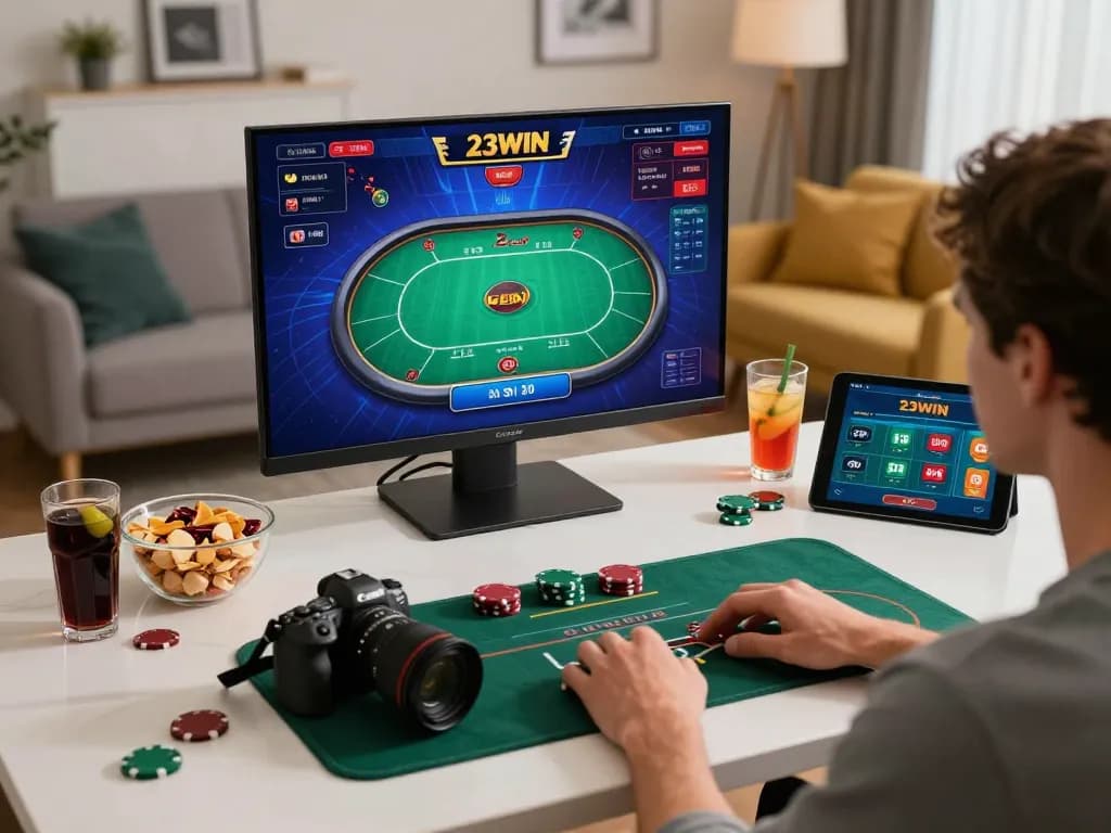 Engaging in hướng dẫn 23win through an online poker game highlights strategic gaming at home.