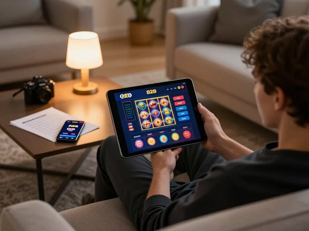 Engaging in the FAFA 828 online casino, a player strategizes their next move while enjoying a home gaming setup.