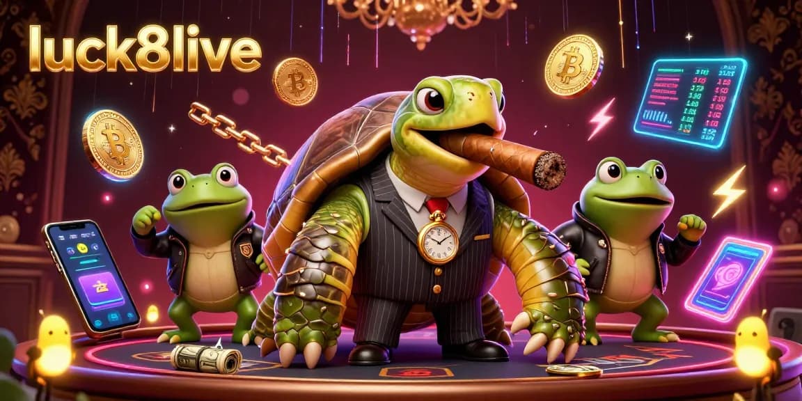 Experience high-stakes excitement at luck8live with glowing cryptocurrency elements in a dynamic 3D casino scene.