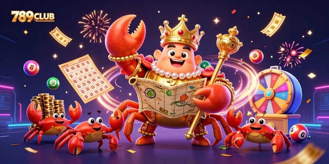 Experience thrilling excitement with 789CLUB's vibrant casino elements, including golden crab emperor and lottery balls.