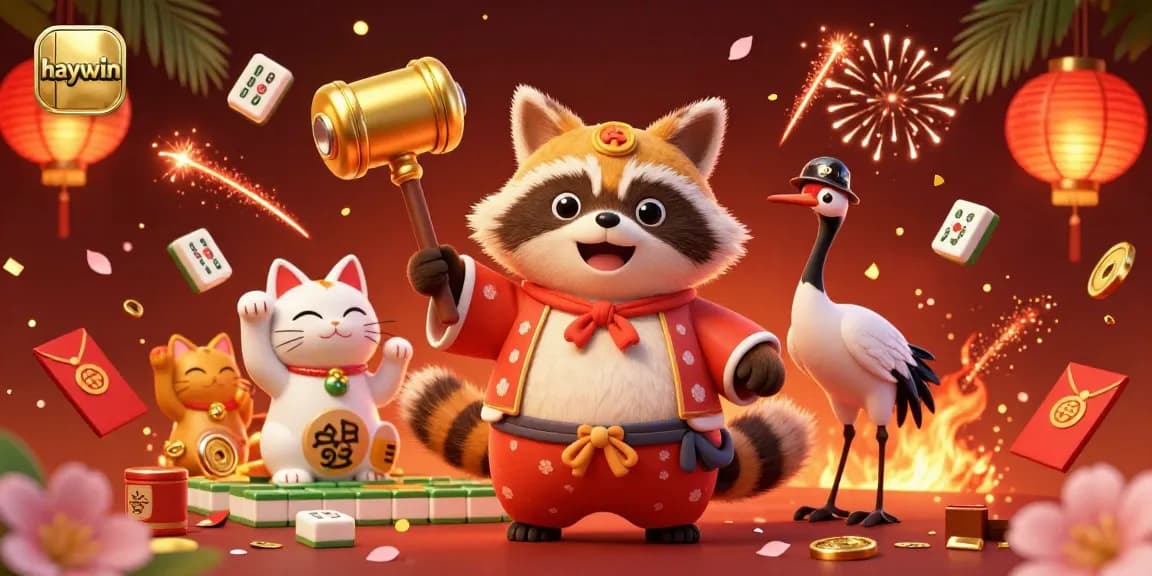 Join the festive fun at haywin with vibrant 3D tanuki, lucky cats, and dynamic casino elements.