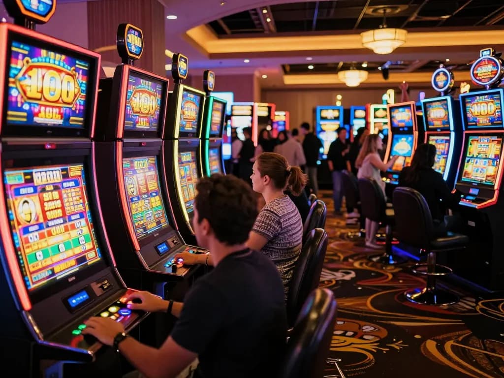 Engaged players celebrating wins at colorful slot machines, highlighting the strategic slot bet 100.