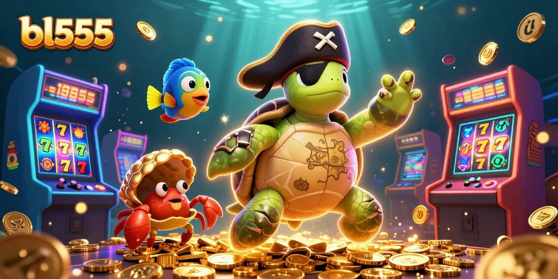 Spin the reels at bl555 with a vibrant underwater casino scene featuring pirate-themed characters and bright slot machines.