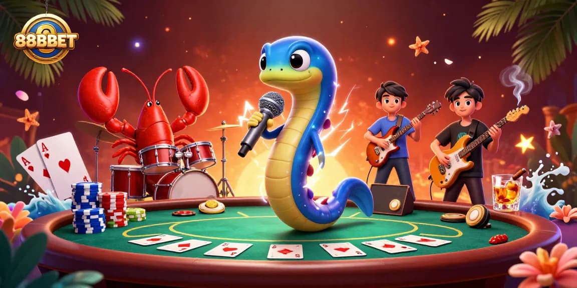Experience the excitement at 88BBET with a lively underwater casino scene featuring an electric eel DJ and vibrant poker elements.