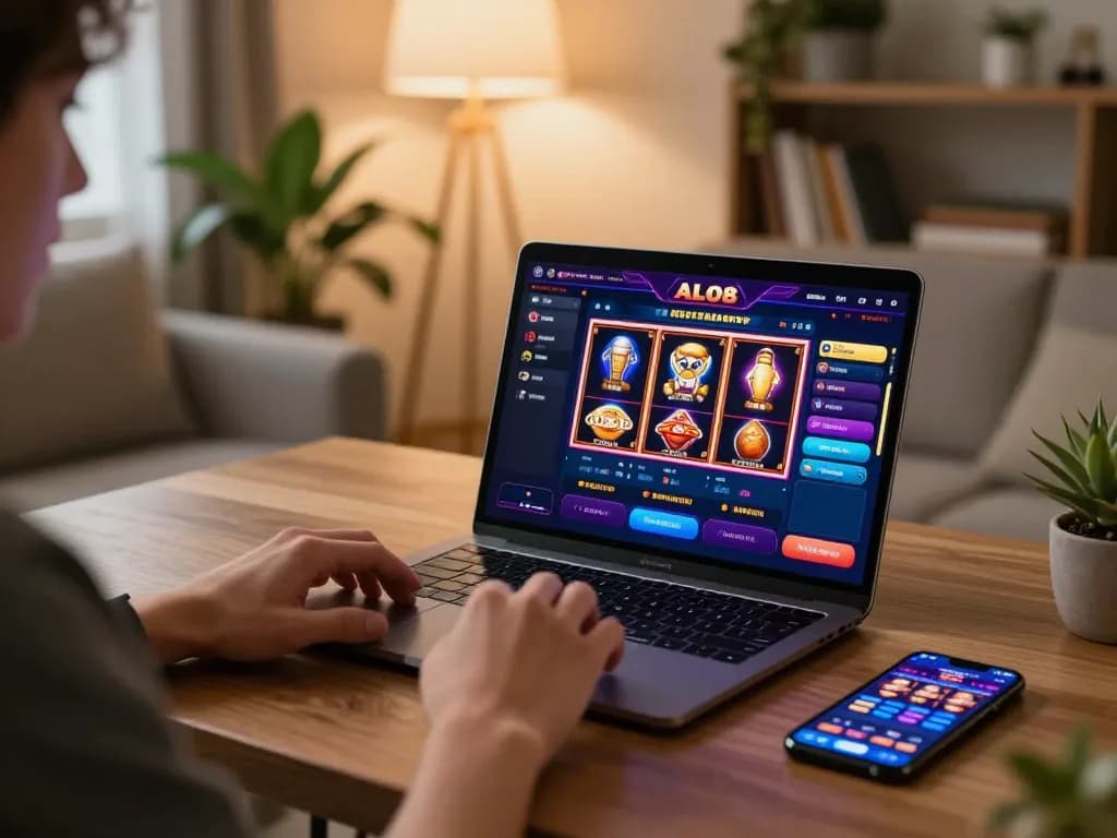 Player engaging with ALO8 online gaming platform on laptop in a cozy home setting.