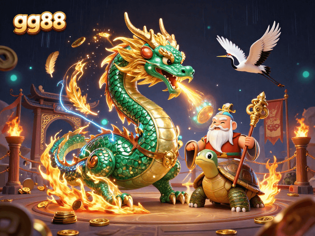 Experience thrilling gameplay at gg88 with an emerald dragon and lucky cranes in a vibrant casino scene.