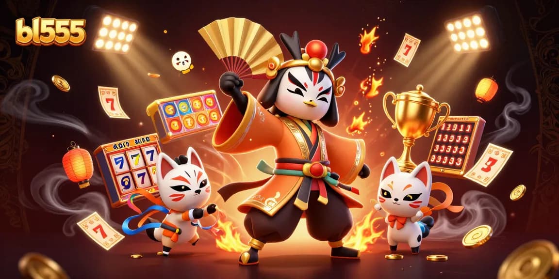 Experience the thrill of bl555 with a dynamic 3D illustration of kabuki warrior and gaming elements, showcasing jackpot excitement.