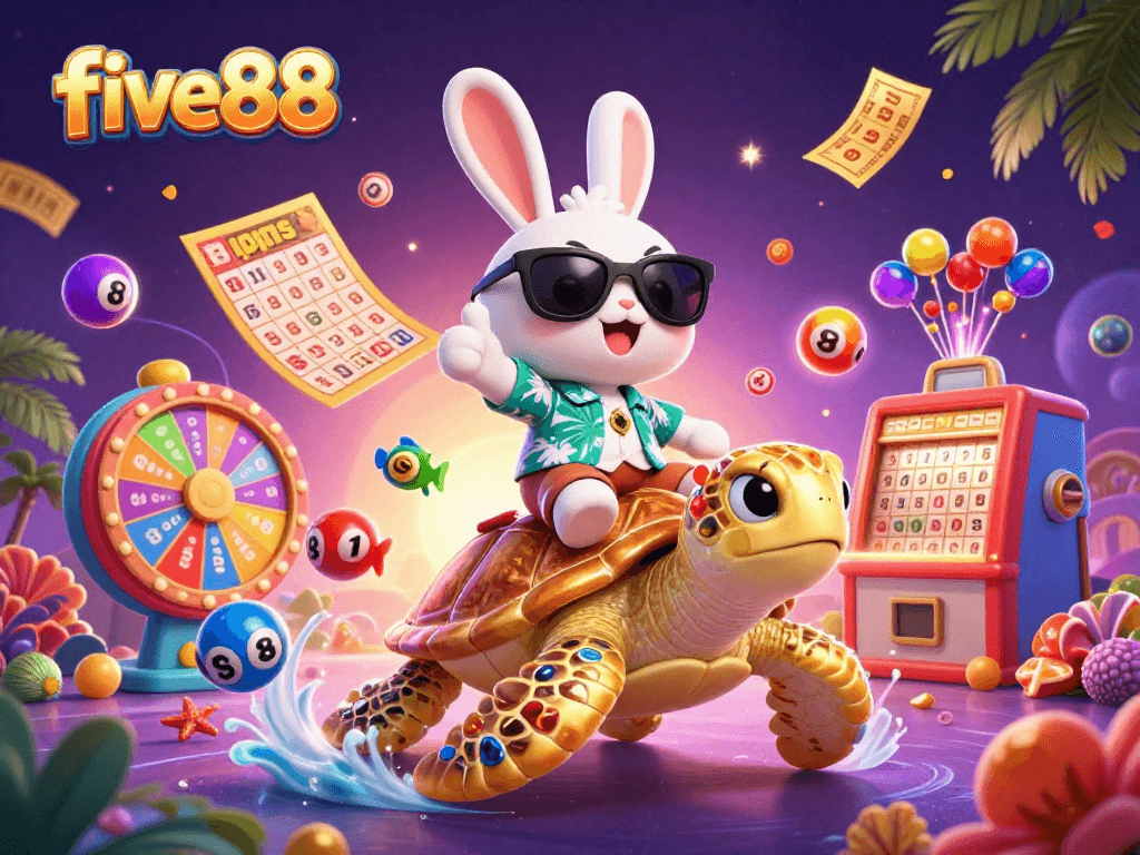 Experience fun and excitement with five88's cartoon lucky rabbit and golden sea turtle in this vibrant lottery scene.