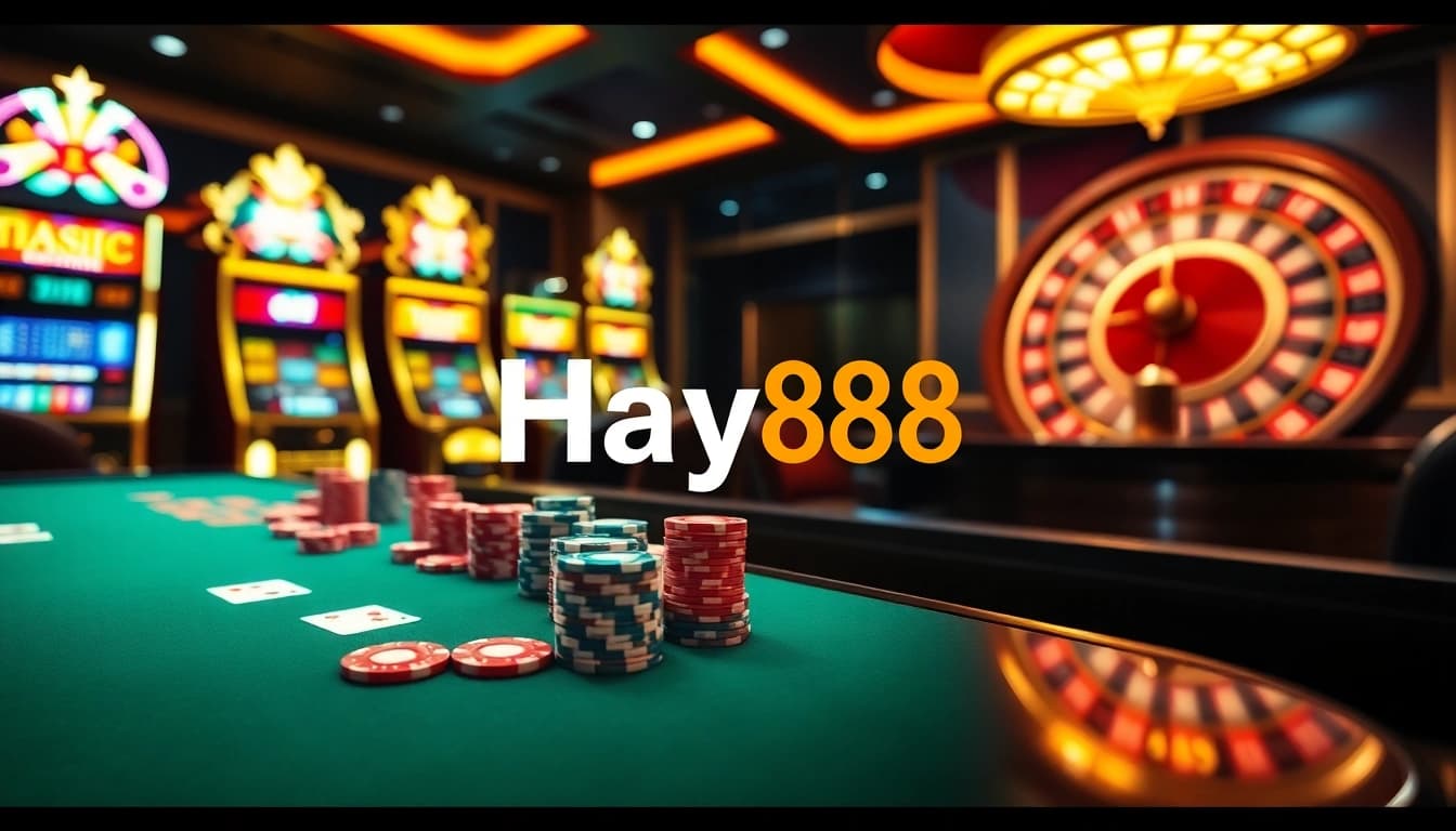 Exciting scene of high-stakes gambling with Hay88 branded chips and cards at a luxurious casino table.
