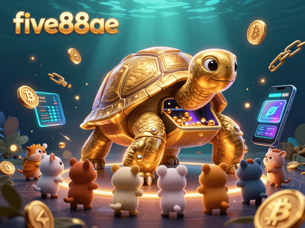 Experience exciting gameplay with the colossal golden tortoise at five88ae surrounded by Bitcoin excitement.