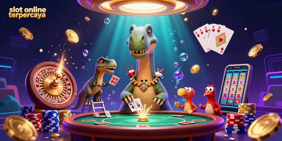 Engage with slot online terpercaya as golden coins and a playful brontosaurus dominate the casino scene.