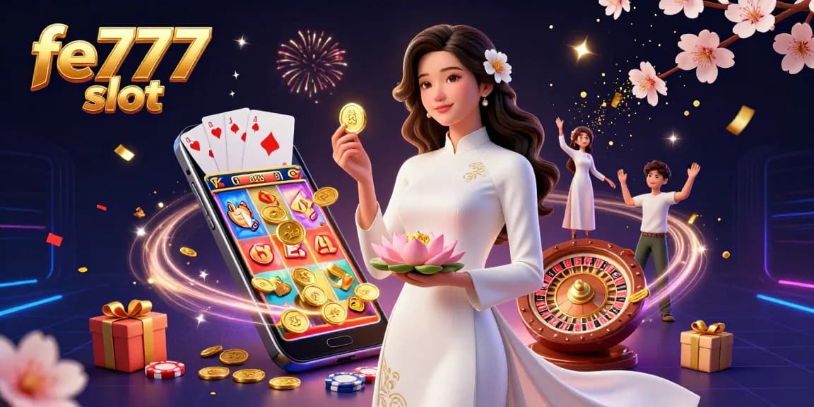Rasakan pengalaman permainan yang mendebarkan dengan slot fe777 saat seorang wanita Asia yang elegan berinteraksi dengan elemen kasino yang berwarna-warni dalam adegan 3D yang memikat.