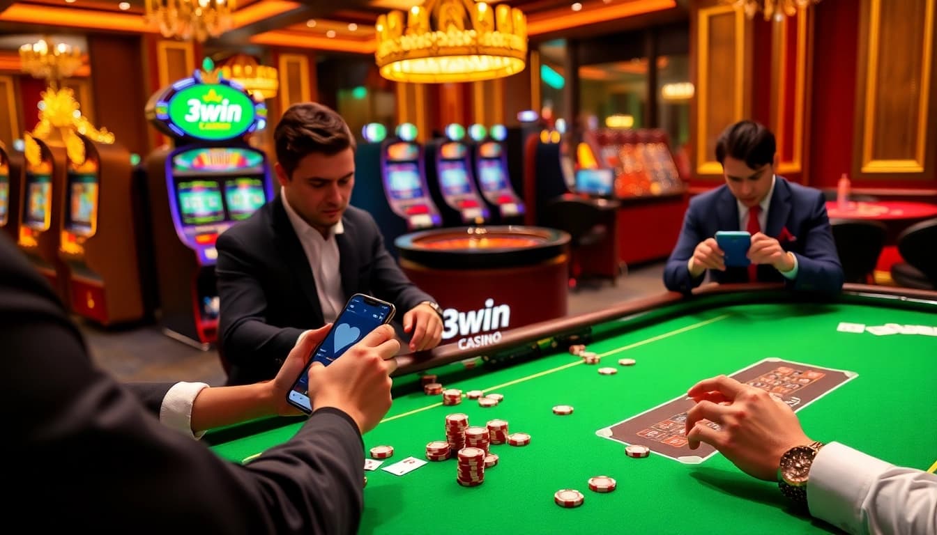 Players enjoying gaming thrills on the 3win app at a luxurious casino table.
