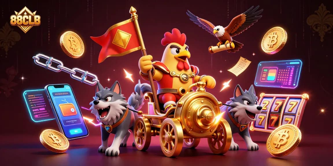 Engage with thrilling games at 88CLB as a rooster warlord dominates the digital casino.