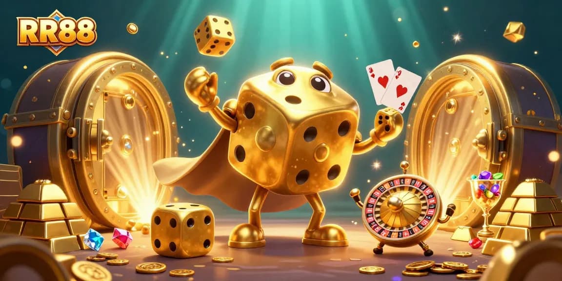 Experience excitement at RR88 with a lively illustration featuring golden dice, jewels, and casino elements.